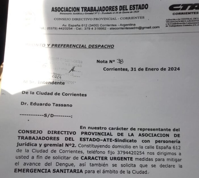 ATE solicita al Gobierno Provincial y a la Municipalidad de Corrientes vacunación gratuita contra el dengue